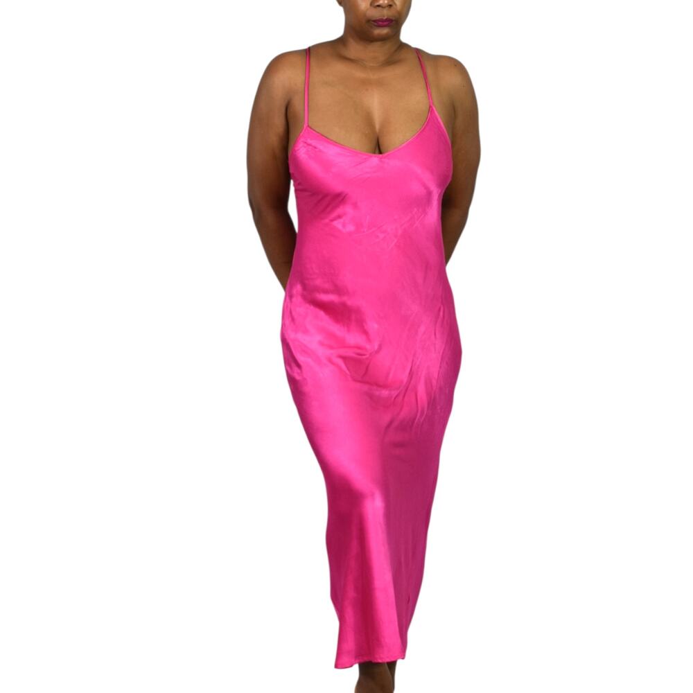 Forever 21 Hot Pink Slip Dress Maxi Satin Cross Open Low Back Halter Silky Large